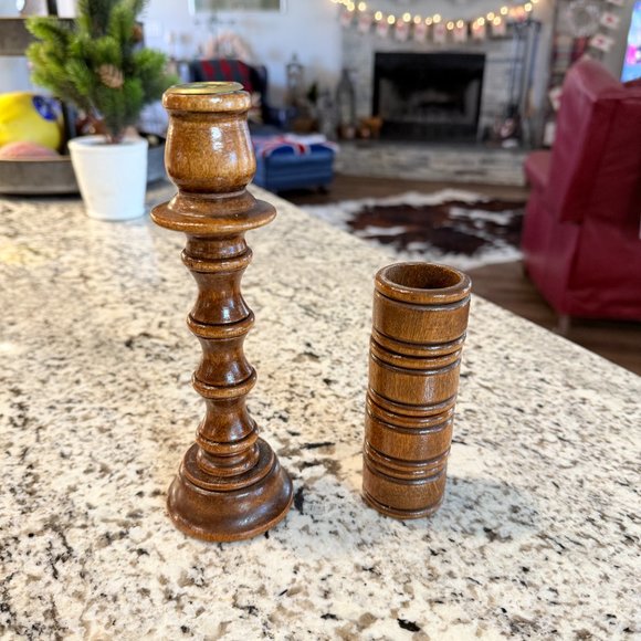 Mid Century wood candlestick holder napkin ring combo - Picture 7 of 13